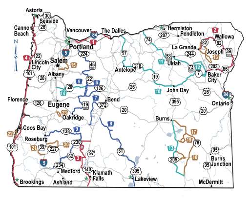 Map showing locations of scenic byways