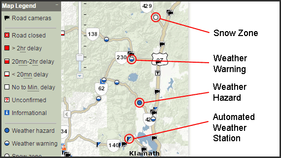 Map showing snow zone, weatehr hazard, weather warning and weather station icons.